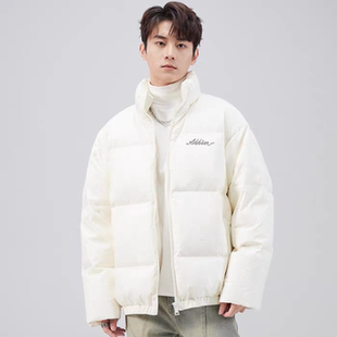 ALLIN 白色鸭绒羽绒服男款字母刺绣防寒保暖短款立领冬季休闲外套