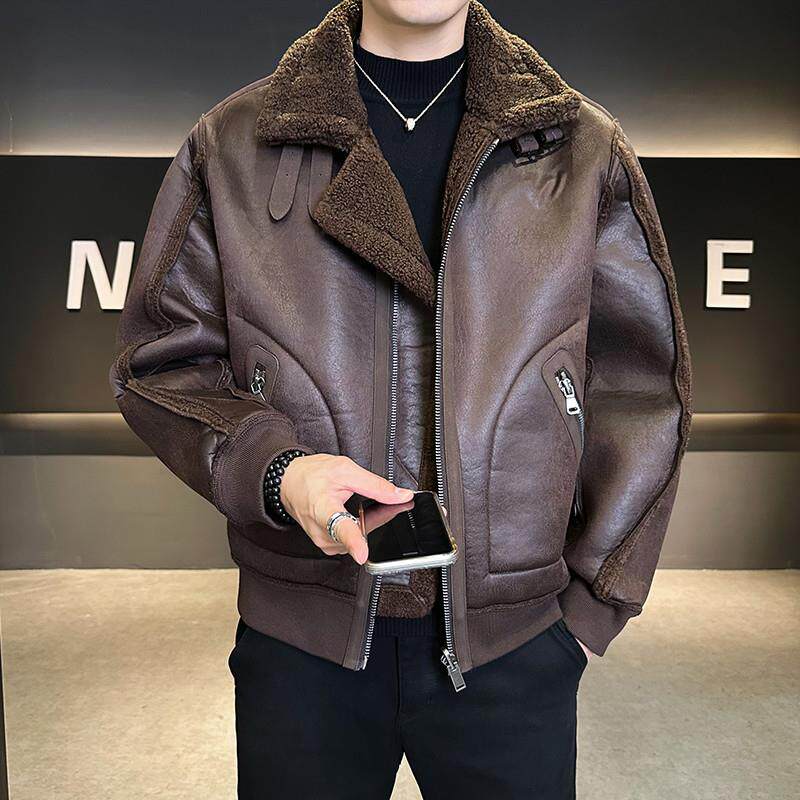 皮毛一体外套男冬季2025新款加绒加厚机车服潮夹克棉服羊羔绒皮衣