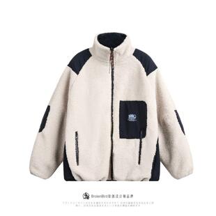PD大人冬季羊羔绒两面穿立领外套青少年潮牌衣服宽松拼色保暖棉服