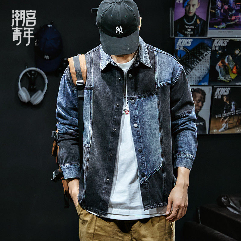春秋拼接牛仔衬衫男士潮牌ins宽松大码休闲痞帅春季工装长袖衬衣