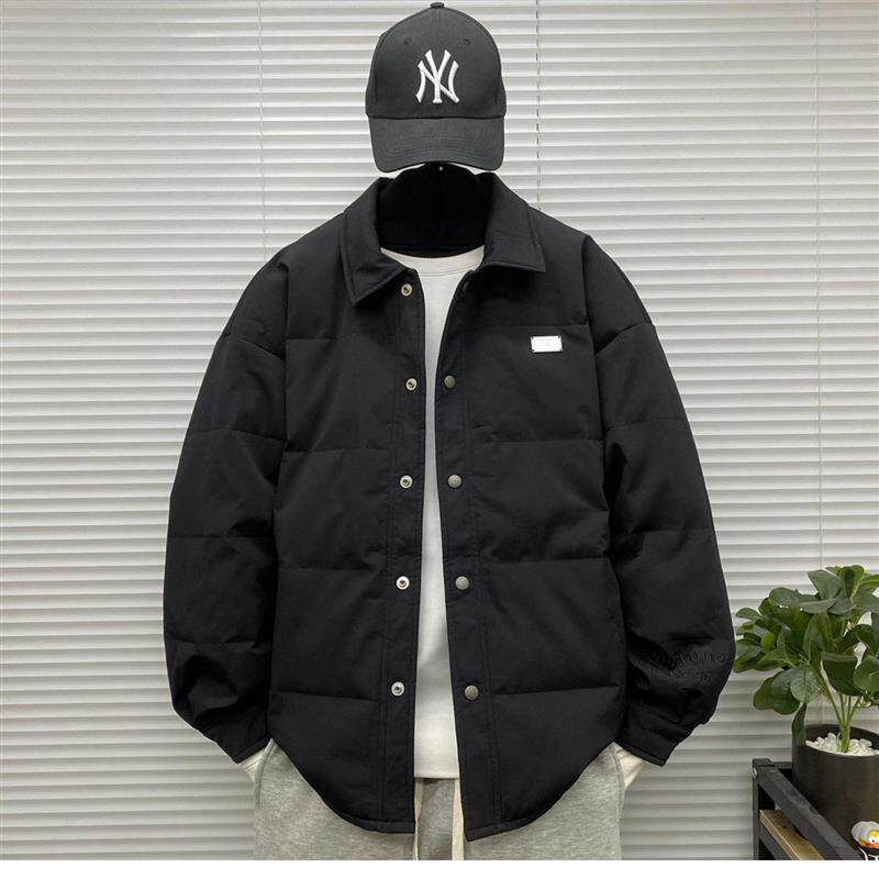 轻薄款翻领羽绒衣服男士冬装大码高级感条纹休闲衬衫式羽绒外套潮