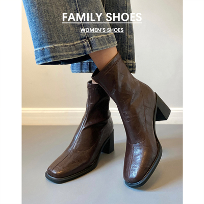 真皮瘦瘦靴女2025新款巨好看秋冬保暖棕色复古静音粗跟高跟短靴子
