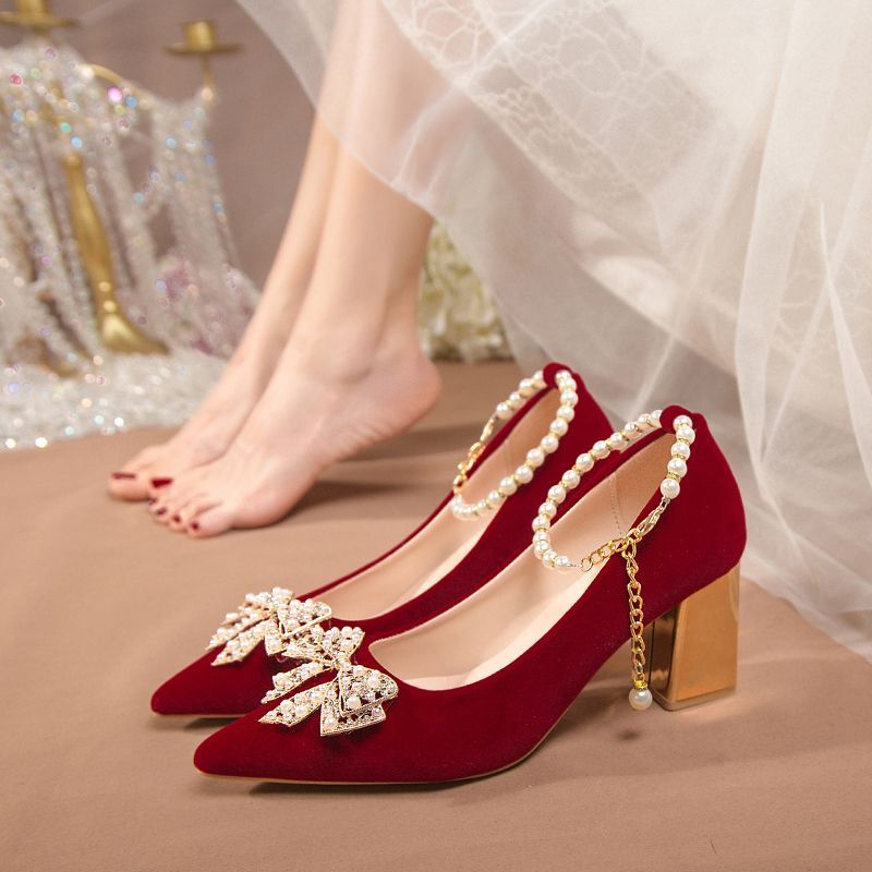 结婚鞋女新娘秀禾婚纱鞋2024新款粗跟不累脚礼服敬酒鞋红色高跟鞋