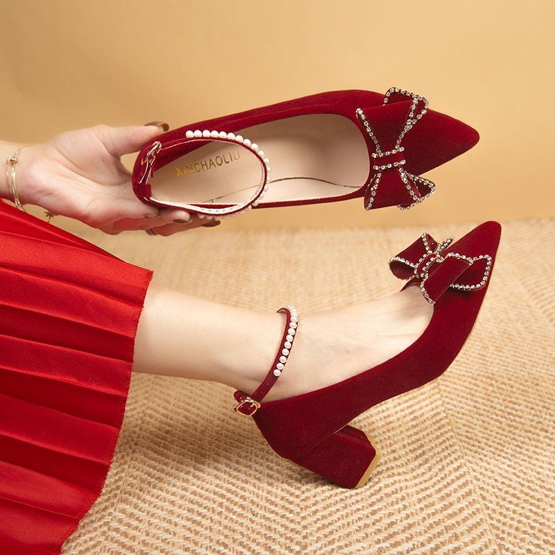 秀禾服婚纱鞋两穿新娘鞋粗跟高跟鞋女2024新款孕妇中式敬酒服婚鞋