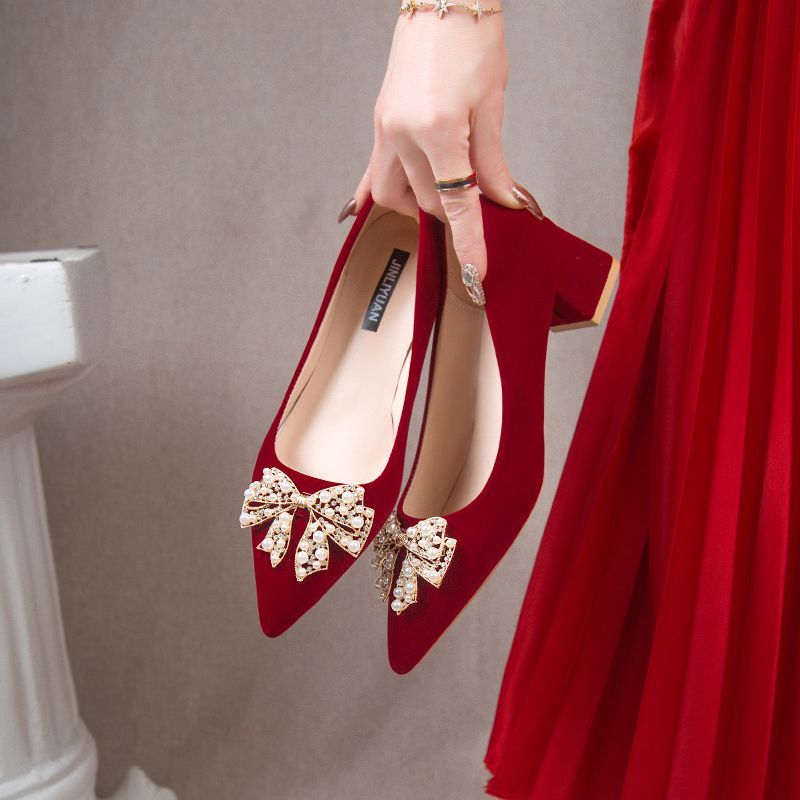 秀禾婚纱鞋结婚新娘鞋2024新款粗跟红色高跟鞋女不累脚礼服敬酒鞋