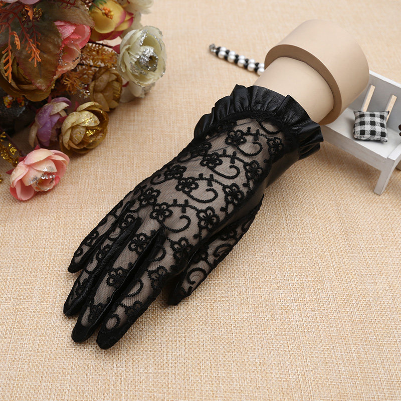 进口西班牙小羊皮真皮拼接蕾丝女士手套女士跳舞触屏开车骑行电车