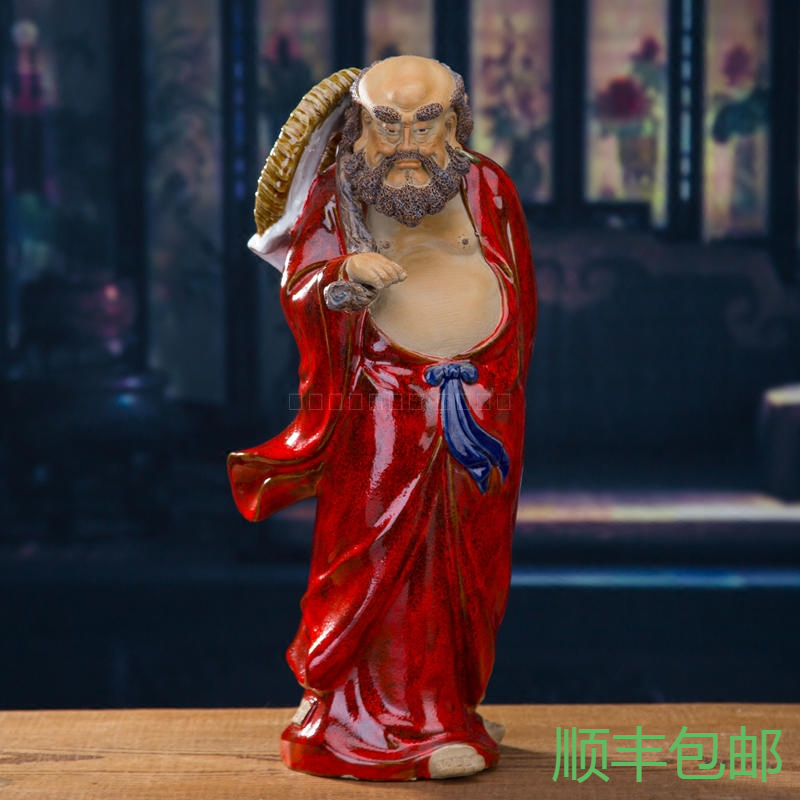 美吔陶瓷手工雕塑中式客厅玄关禅意摆件达摩祖师东渡达摩石湾公仔