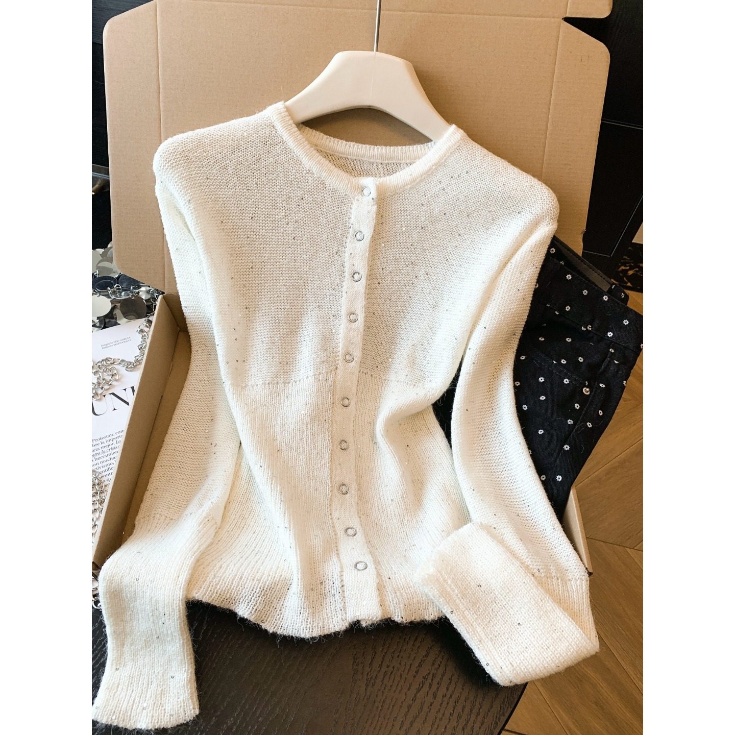 实拍~重工亮片长袖针织开衫上衣女2026春季纯欲修身显瘦毛衣外套,女装/女士精品,毛针织衫,淘宝优惠券,粉丝福利购,淘宝优惠卷