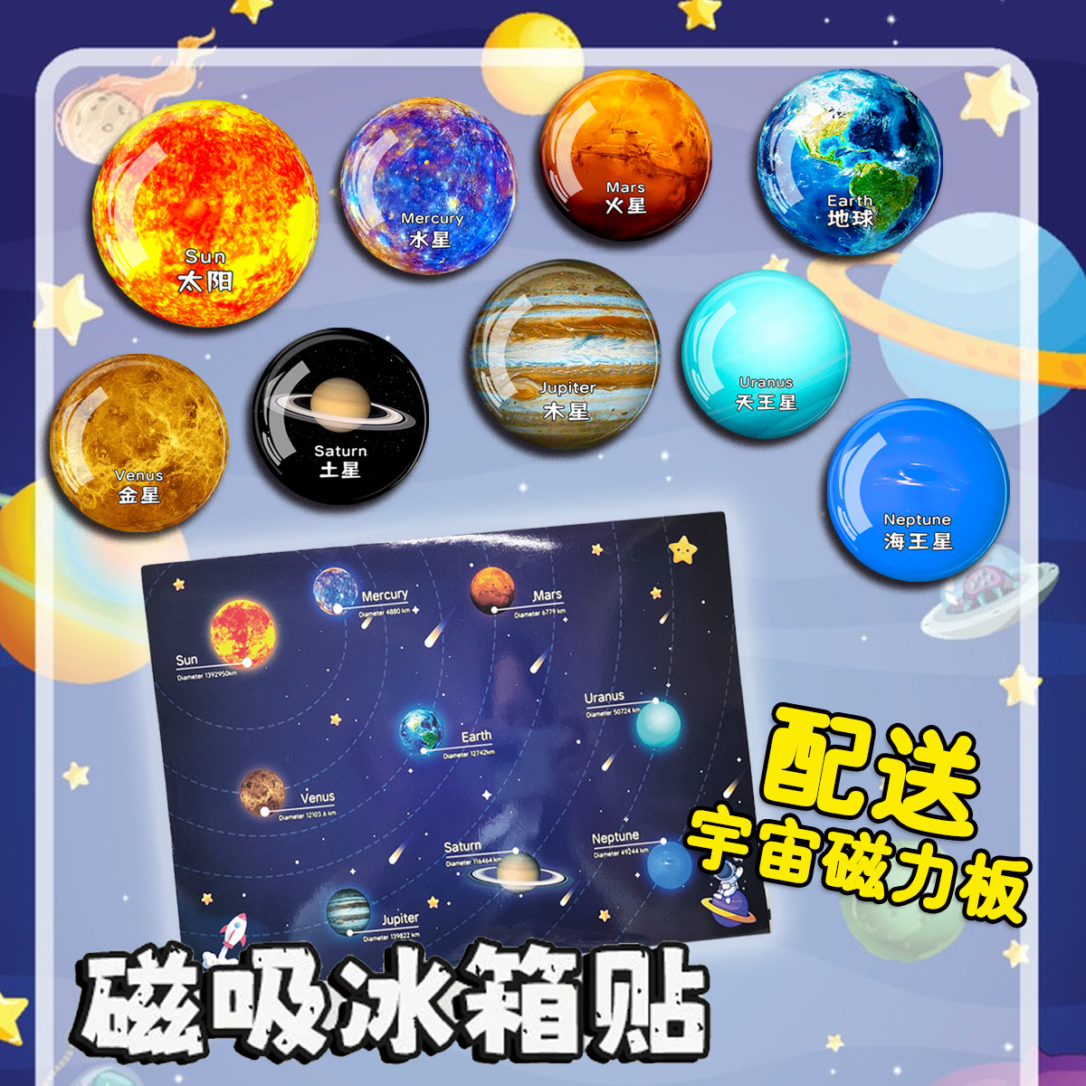 八大行星太阳系冰箱贴创意卡通星空宇宙地球NASA天文教具磁贴定制