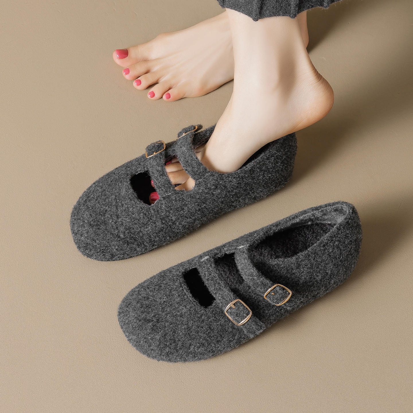 灰色玛丽珍毛毛鞋增高3cm