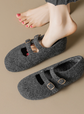 灰色玛丽珍毛毛鞋增高3cm小个子圆头双扣带加绒法式毛呢单鞋大码
