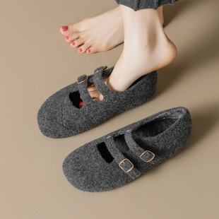 灰色玛丽珍毛毛鞋增高3cm小个子圆头双扣带加绒法式毛呢单鞋大码