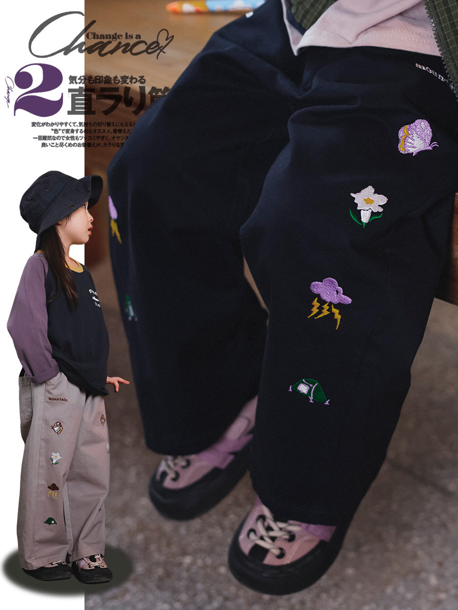 春秋款儿童纯棉休闲直筒裤 女童可爱刺绣梭织长裤工装裤 宽松舒适