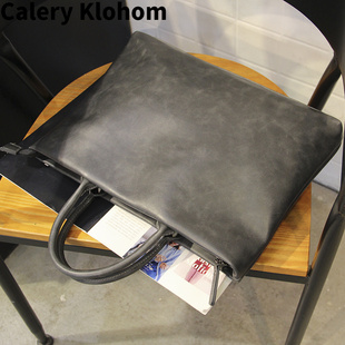 Calery 牛皮手提包公文包商务OL Klohom新款 真皮牛皮青年男生横款