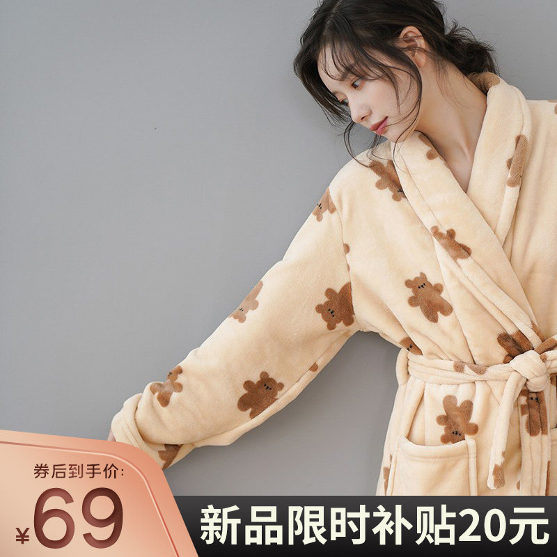 加长款珊瑚绒睡袍女2021年春秋新款晨袍加厚保暖冬季法兰绒浴袍