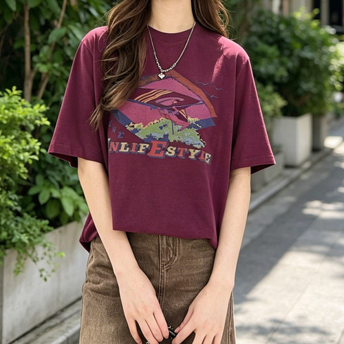 【伊纳F】美式复古印花短袖T恤女夏季宽松圆领上衣Z53AT3076
