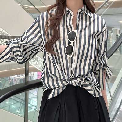 【佧】复古条纹衬衫女长袖宽松百搭显瘦设计感绑带衬衣X03BCW2167