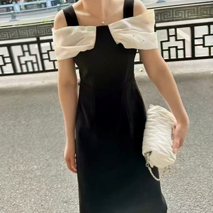 【佧】气质优雅一字肩连衣裙女黑色露肩收腰显瘦中长裙X03BLW2462