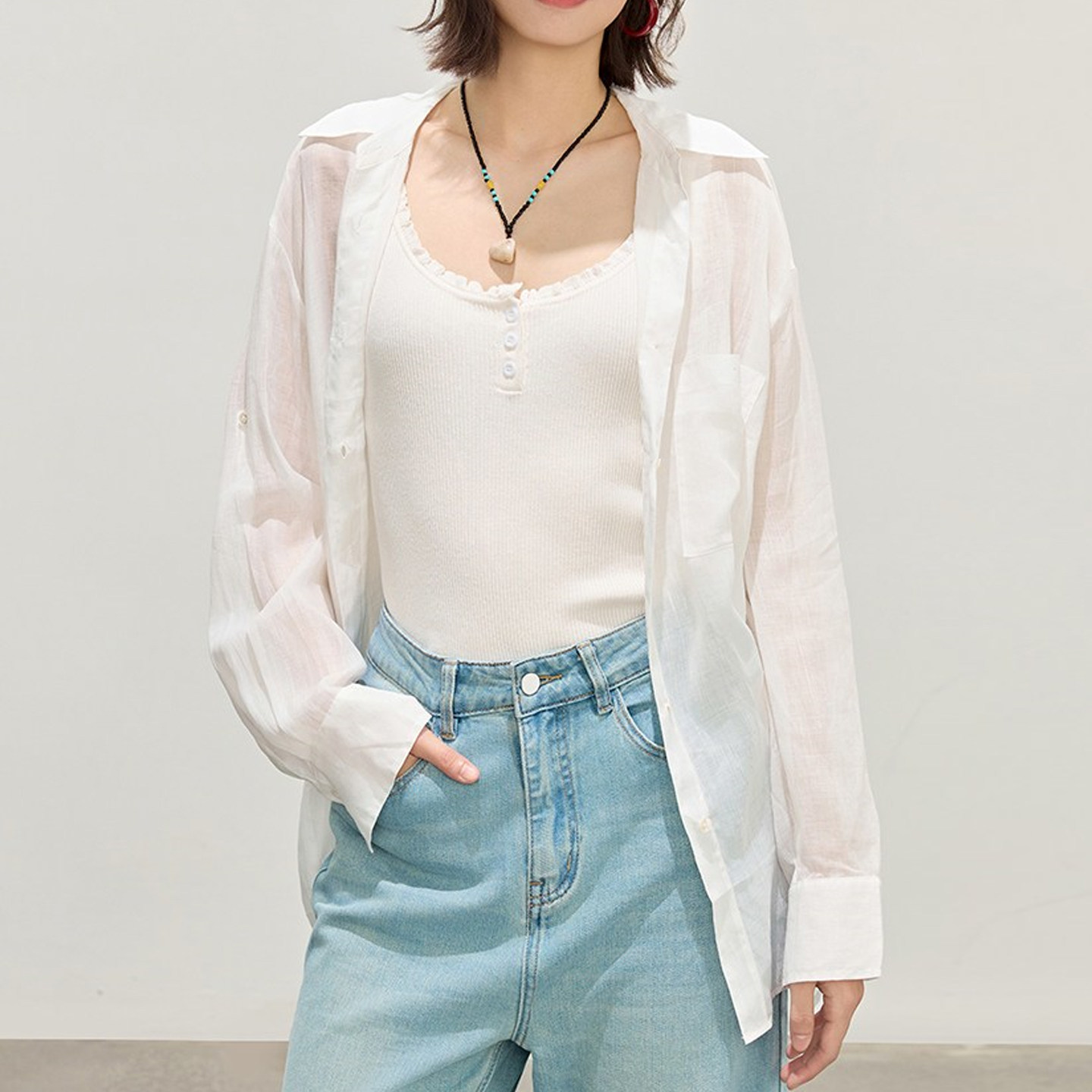 【佧】高智感宽松苎麻衬衫女长袖开衫极简轻熟风白色X03ACW2283