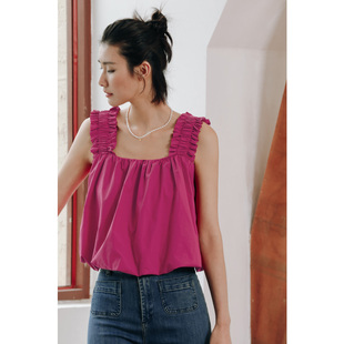 外穿纯棉上衣 夏季 弥古红色吊带背心女气质高级感宽肩带无袖 娃娃衫