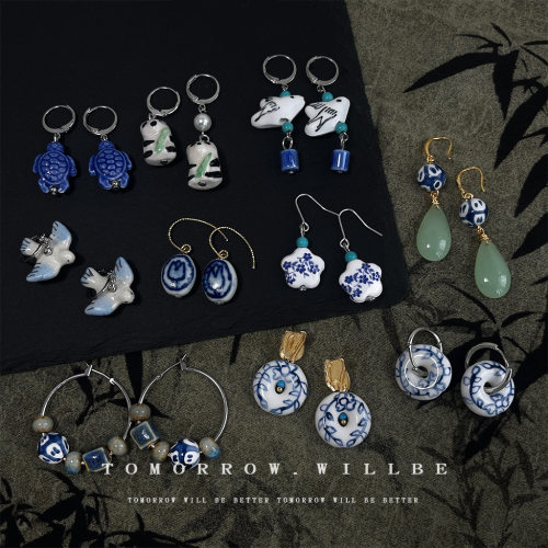 艺术感青花瓷系列耳饰【纯手工绘画 每一个都不一样 维纳斯之美】