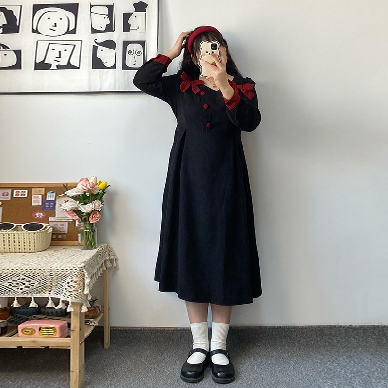 小熊趴在云朵 2022秋冬大码女装200斤胖mm新年甜美蝴蝶结连衣裙