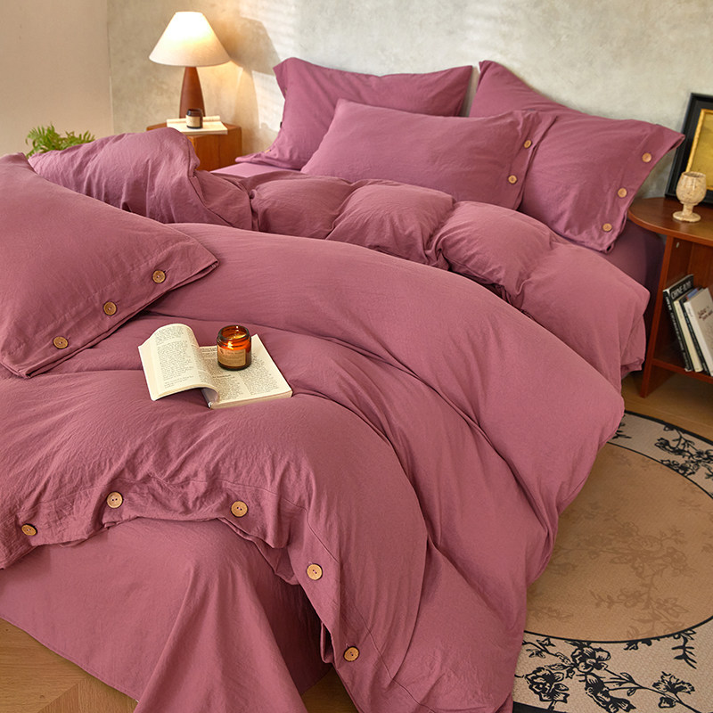 复古A类全棉水洗棉纽扣款四件套1米8床单床笠宿舍家用床上三件套