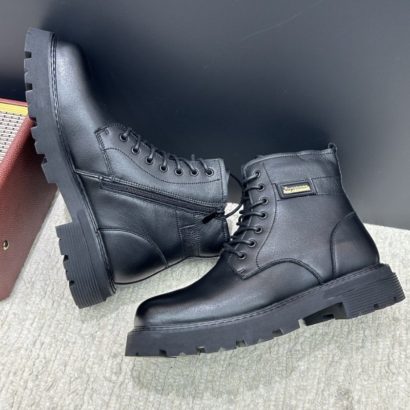 马丁靴男中帮侧拉链英伦风厚底户外靴黑色系带短靴加绒棉鞋秋冬季