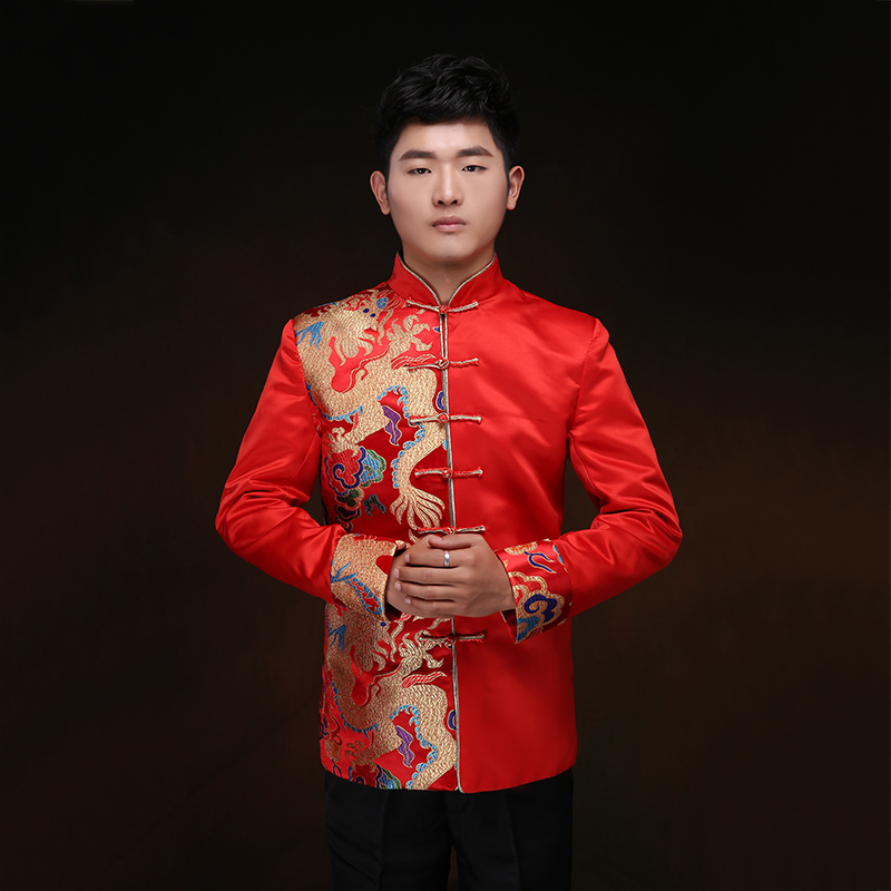 男士中式唐装红色缎面中山装大码
