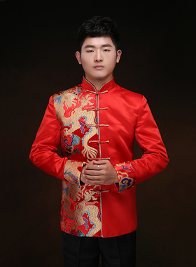 中式唐装外套男士大码中国风红色缎面长袖中山装司仪新年会演出服