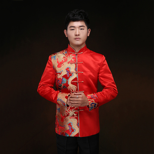 中式唐装外套男士大码中国风红色缎面长袖中山装司仪新年会演出服