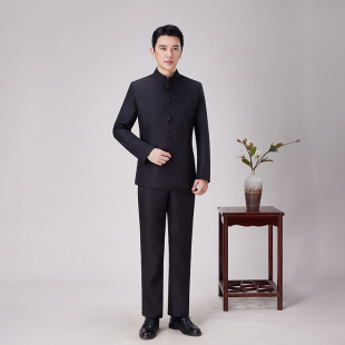 黑色中山装男士唐装大码修身中式主持人司仪礼服中国风年会演出服