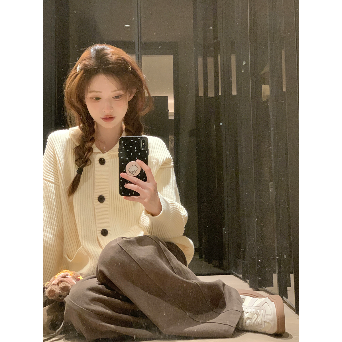 珍珍家秋季慵懒娃娃领温柔甜美纽扣针织开衫毛衣宽松休闲百搭外套