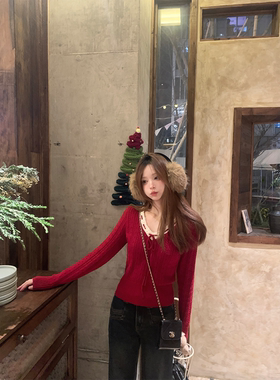 Zzhen珍珍 温莎甜茶甜美学院感v领撞色花边绑带毛衣显瘦针织衫