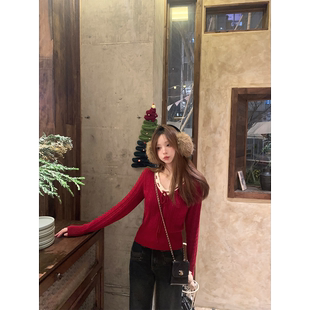 Zzhen珍珍 温莎甜茶甜美学院感v领撞色花边绑带毛衣显瘦针织衫