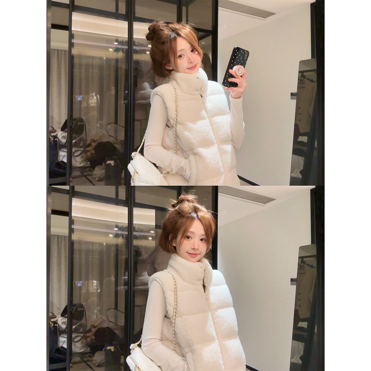 珍珍家冬季新款软软棉花糖糯糯羊羔毛肌理感立领保暖立领羽绒马甲