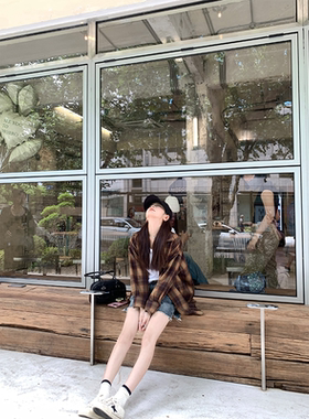 珍珍家复古松弛感格纹衬衫oversize上衣牛仔短裤套装腔调两件套春