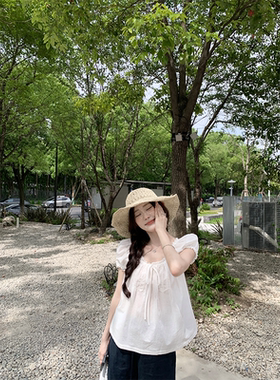 珍珍家浮花光影花苞袖打揽系带清纯衬衫 领口可调节纯欲小衫夏