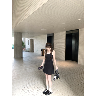 吊带背心裙女 连衣裙显瘦无袖 珍珍家韩版 黑色竖条纹&格纹收腰短款