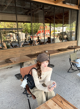 珍珍家 温柔甜茶松弛小调一字领显瘦时髦毛衣绵羊毛复古针织衫秋