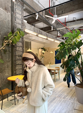 珍珍家冬季新款小个子立领短款环保皮草慵懒宽松糯糯毛毛球外套女