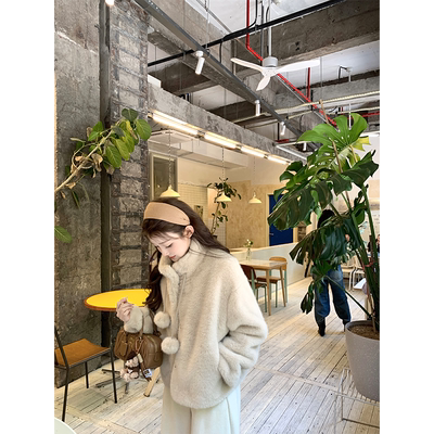 珍珍家冬季新款小个子立领短款环保皮草慵懒宽松糯糯毛毛球外套女