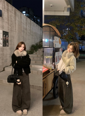 珍珍家 奢感姿态两件套环保毛领皮毛一体厚外套&经典显瘦工装裤女