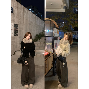 珍珍家 奢感姿态两件套环保毛领皮毛一体厚外套&经典显瘦工装裤女