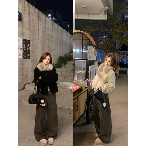珍珍家 奢感姿态两件套环保毛领皮毛一体厚外套&经典显瘦工装裤女
