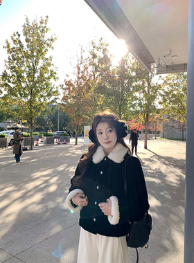 珍珍家气质黑色丝绒撞色毛毛领羽绒服短款冬季精致保暖翻领厚外套