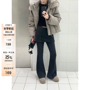 Zzhen珍珍 百搭神裤设计感屁帘加绒微喇裤假两件深灰色休闲裤