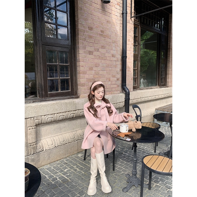 珍珍家温斯顿少女65羊毛5羊驼毛绑带温柔粉色毛呢大衣中长款外套