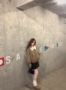 珍珍家 伯爵巴斯克篙级砂洗大地色保暖外套翻毛领夹克工装羽绒服