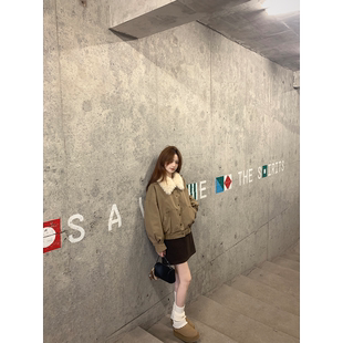 珍珍家 伯爵巴斯克篙级砂洗大地色保暖外套翻毛领夹克工装羽绒服